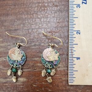 Antiqued Gold and Green Leaf Nature Earrings